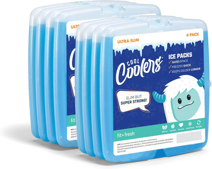 Cool Coolers by Fit + Fresh, 4 Pack Slim Ice Packs, Space Saving Reusable Ice Packs for Lunch Boxes or Coolers