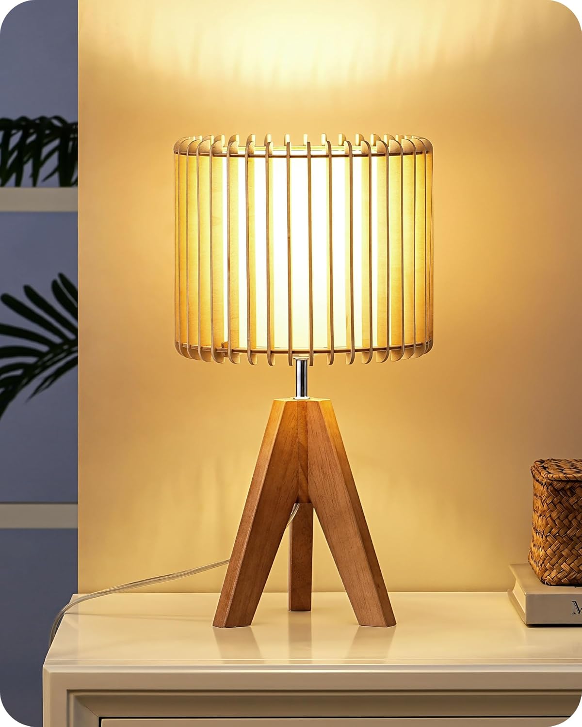 EDISHINE Tripod Table Lamp, Small Cute Bedside Lamp with Linen Beige Lampshade, Nightstand Lamp for Nursery, Bedroom, Kid Room, Living Room, Light Brown Wooden Base, E26 Socket, 14.2 Inch