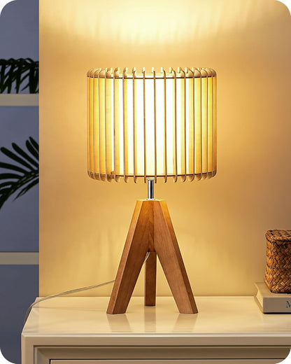 EDISHINE Tripod Table Lamp, Small Cute Bedside Lamp with Linen Beige Lampshade, Nightstand Lamp for Nursery, Bedroom, Kid Room, Living Room, Light Brown Wooden Base, E26 Socket, 14.2 Inch