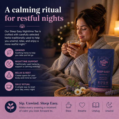 Sleep Easy Herbal Tea 3 oz – Chamomile, Lavender, Lemon Balm, Valerian Root & Passion Flower – Natural Sleep Support for a Calm, Restful Night’s Rest. Caffeine-Free. (includes: 35 empty unbleached filter tea bags inside)