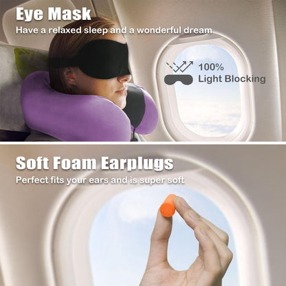 Travel Pillow, Memory Foam Neck Pillow for Traveling, U Shape Neck Pillow Airplane Portable Flight Pillow Travel Kit with 5D Contoured Eye Masks and Earplug for Plane Train Car Home Office