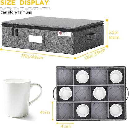YearningHome Cup and Mug Storage Box with Hard Shell and Dividers for Coffee Mugs,Tea Cups and Glasses,Stackable Storage Organizers with Lid,Handles,Zips and Label for Moving,Holds 12,2 Pack, Grey