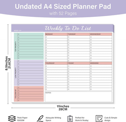 Weekly To Do List Notepad with 52 Undated Sheets（8.5"×11"）- Weekly Desk Planner Pad with Spiral Binding for Women & Man, Office, School and Home Personal Organizer
