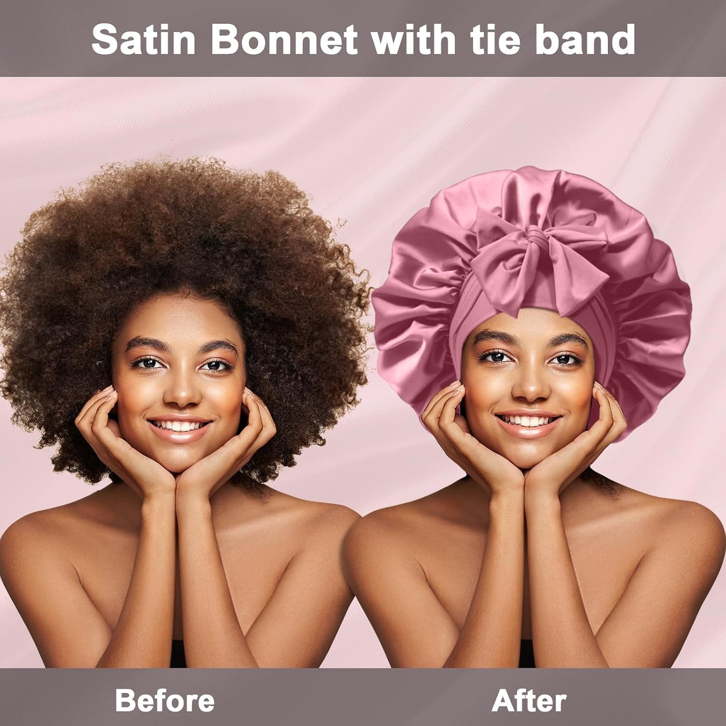 2Pcs Silk Hair Satin Bonnet for Sleeping Women,Large Satin Sleep Bonnets for Women with Elastic Tie Band Silk Hair Wrap with Ajustable Straps,Night Sleep Cap for Curly Braids,Black+Rose Gold