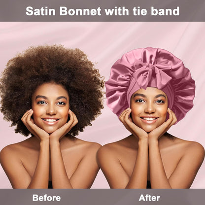 2Pcs Silk Hair Satin Bonnet for Sleeping Women,Large Satin Sleep Bonnets for Women with Elastic Tie Band Silk Hair Wrap with Ajustable Straps,Night Sleep Cap for Curly Braids,Black+Rose Gold