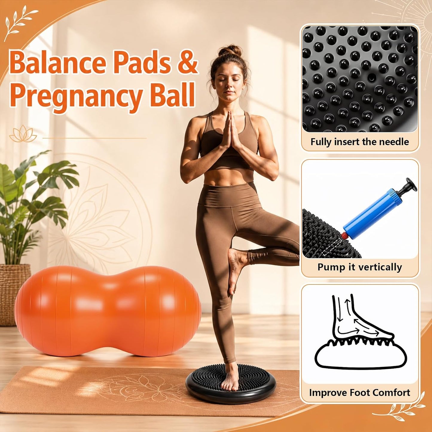 2 Pcs Peanut Ball and Wobble Cushion with Pump Set, Sensory Balance Disc Wiggle Seat for Kids and Adults, Flexible Seating for Exercise Physical, Child Training, Yoga