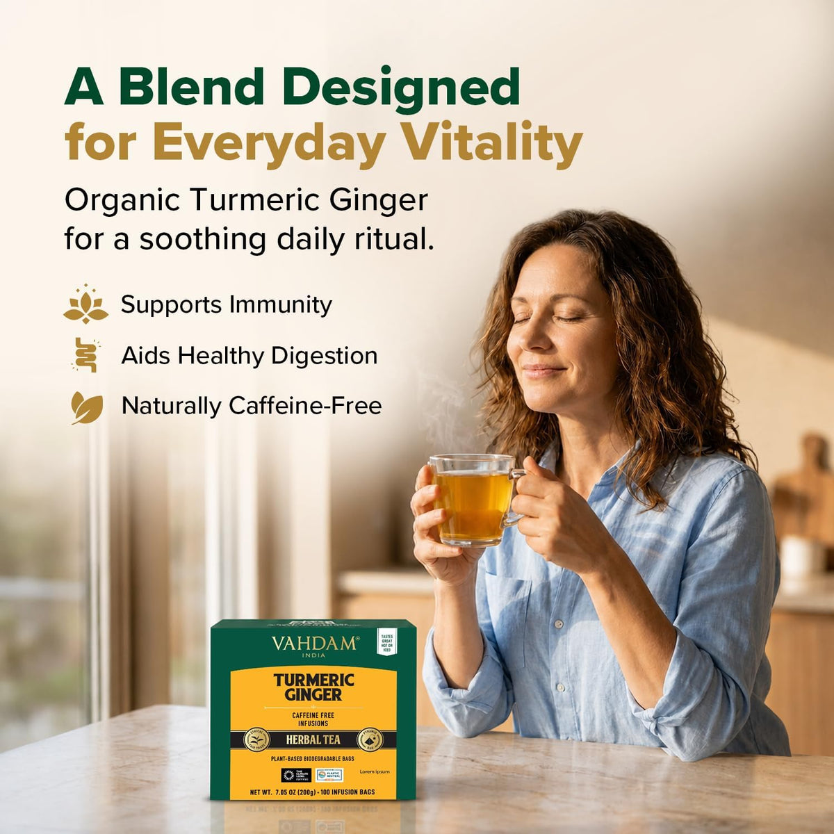 VAHDAM Organic Turmeric Ginger Herbal Tea Bags (100 Pyramid Tea Bags) Caffeine Free, Non GMO | 100% Pure Herbal Blend - Savory & Spicy, Plant-Based Teabags | Resealable Ziplock Pouch