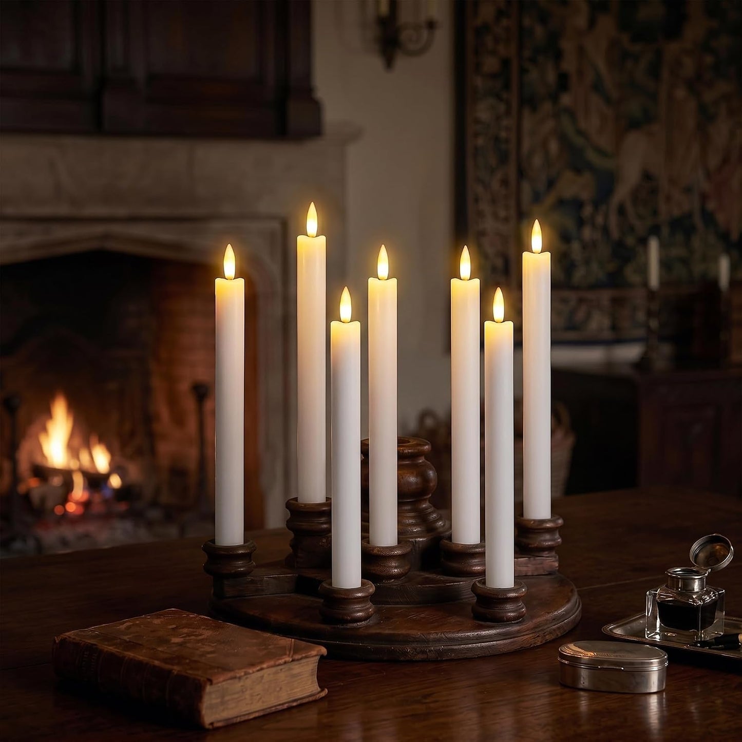 GenSwin Flameless Ivory Taper Candles Flickering with 10-Key Remote, Battery Operated Led Warm 3D Wick Light Window Candles Real Wax Pack of 6, Christmas Home Wedding Decor(0.78 X 9.64 Inch)
