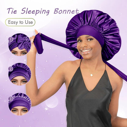 BONNET QUEEN Silk Bonnet for Sleeping for Women Satin Bonnet Night Cap for Curly Hair with Tie Band, Single Layer, Cream Pink