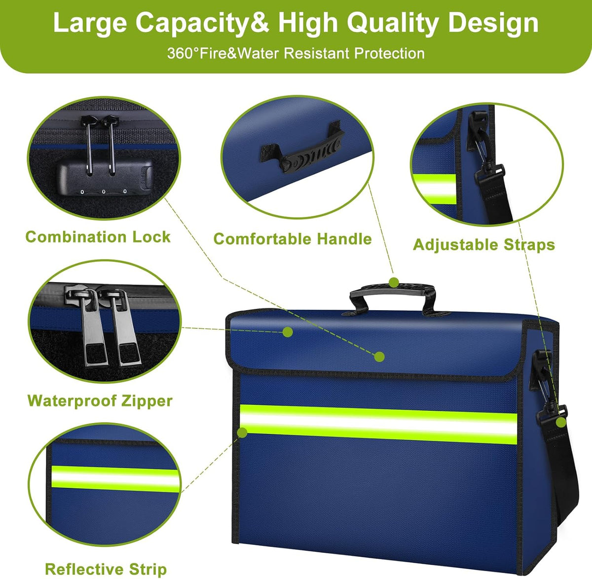 6500°F Fireproof Document Bag with Lock-Fireproof Box with 10 Layers Insulation Materials&Waterproof Zipper,Removable Wallet,Reflective Strip for Cash,Documents,Jewelry(14.2”x 9.6”x 4.1”)