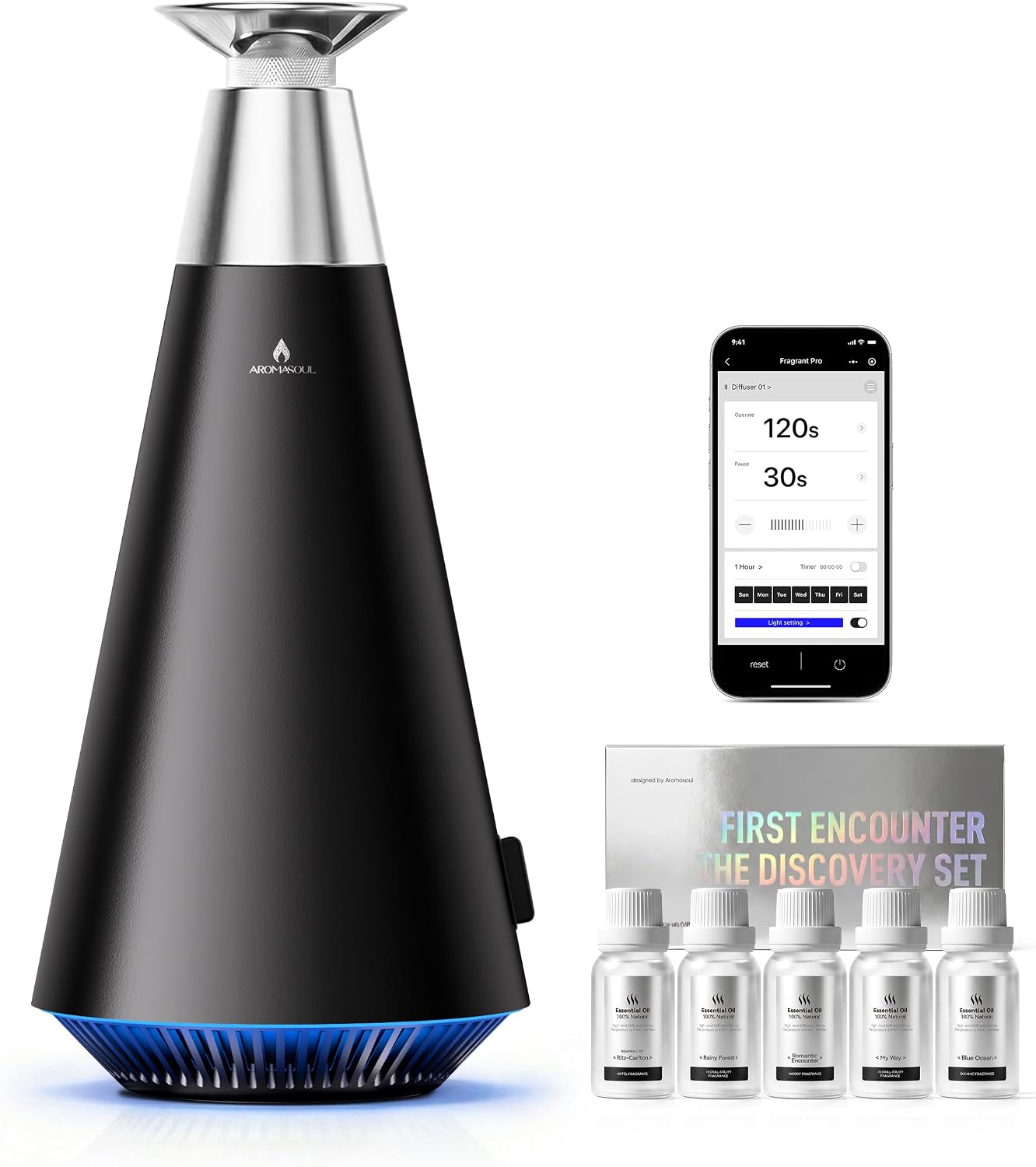 All-Metal Waterless Scent Diffuser Kit – 1500 Sq.Ft Coverage, Wireless Rechargeable,App Control, Mood Light, Hotel Scent Diffuser, Includes 5×15ml Essential Oils, for Home,Large Room,Spa,Silver