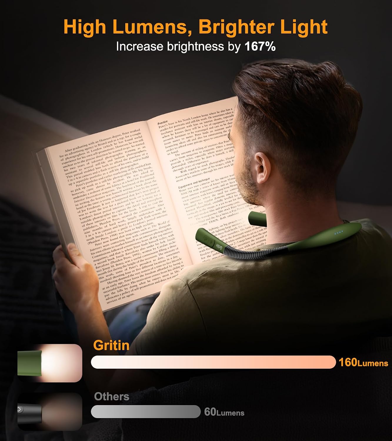 Gritin Book Light, Eye Caring 4-Color & 5-Brightness Neck Light Reading Light- Stepless Dimming,30-min Timer,80+ Hrs Runtime,Bendable Round Neck Design, Lightweight for Reading, Knitting, Repairing