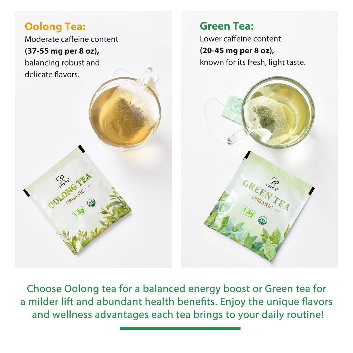 Soeos Organic Oolong Tea, 100 Tea Bags, Low Caffeine, Hot and Cold Brew, Fresh and Healthy Oolong Tea, 6.3 Ounce