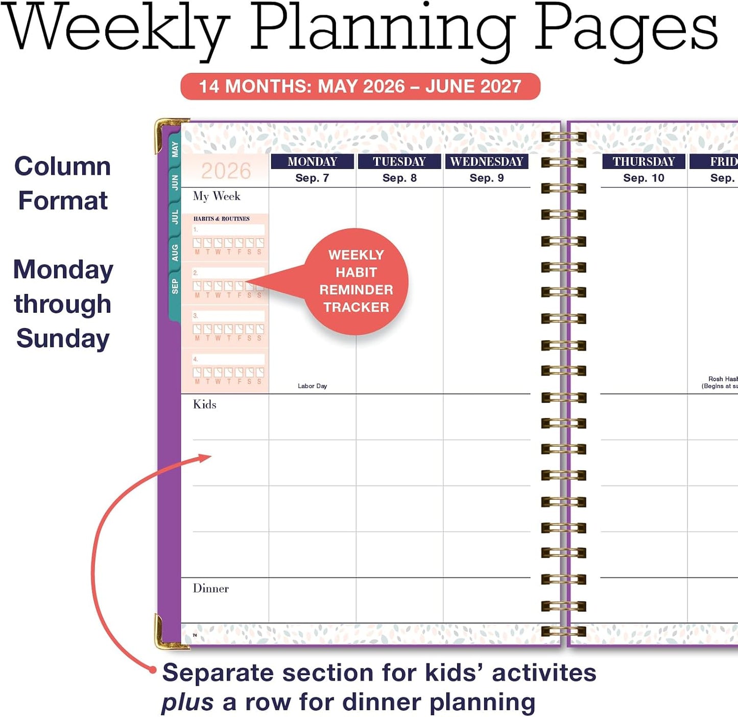 FAMILY PLANNER ORGANIZER – 8.5" x 11" Weekly & Monthly Calendar (May 2026-Jun 2027). 5+ People, Meal Planning, Budgeting, Habit Tracker – Hardcover, Household Schedule Organizer for Parents, Kids, & Caregivers (Navy Gold Numbers)