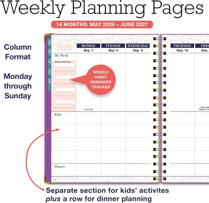FAMILY PLANNER ORGANIZER – 8.5" x 11" Weekly & Monthly Calendar (May 2026-Jun 2027). 5+ People, Meal Planning, Budgeting, Habit Tracker – Hardcover, Household Schedule Organizer for Parents, Kids, & Caregivers (Navy Gold Numbers)
