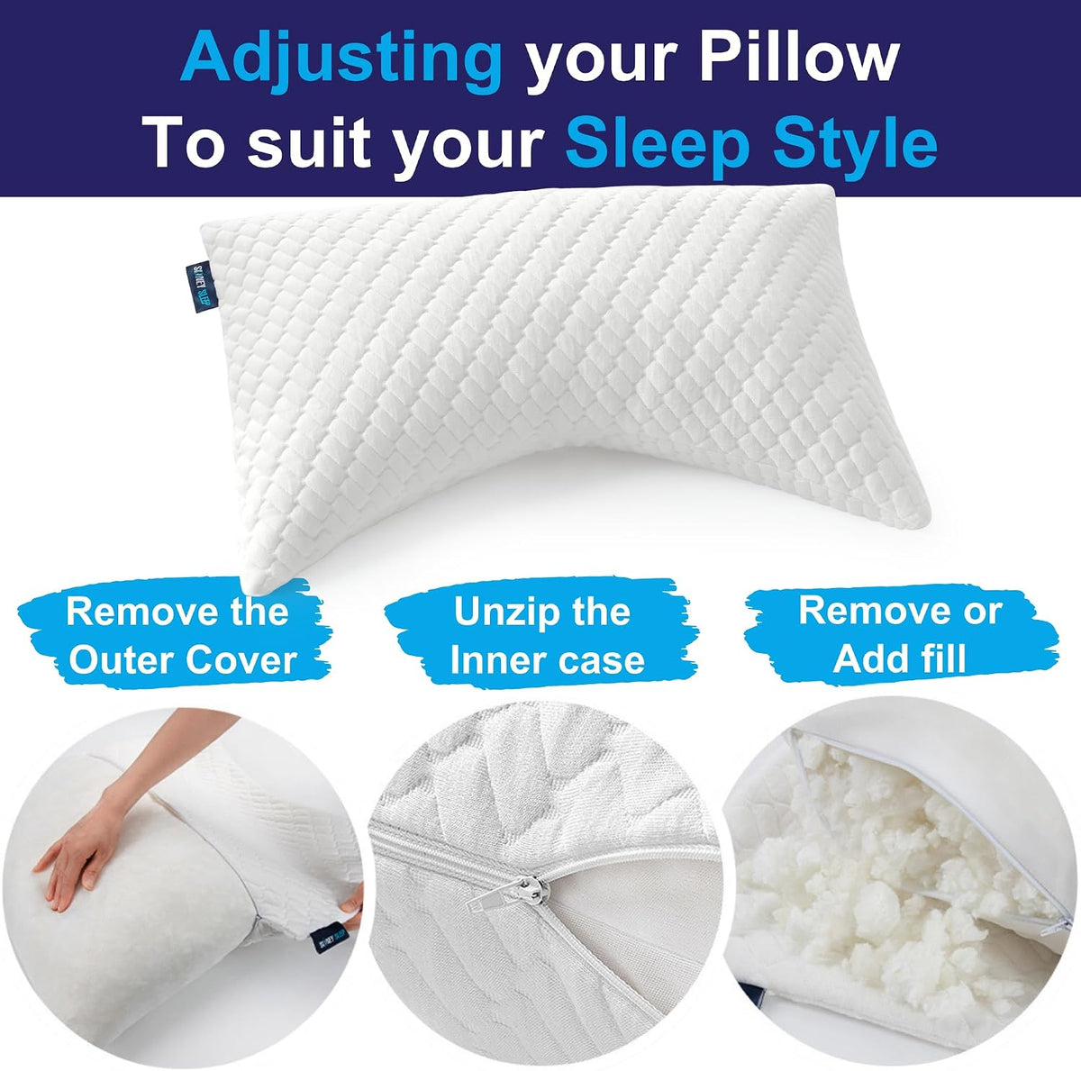 Sidney Sleep Adjustable Curved Pillows for Neck and Shoulder Support with Extra Shredded Fill - Cervical Contour Pillow for Side and Back Sleepers - Queen Size 19" x 29" CertiPUR-US Certified (White)