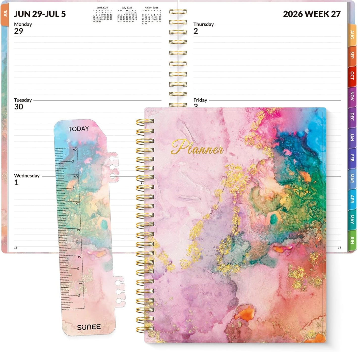 SUNEE Academic Planner 2026-2027 – Weekly & Monthly Planner, July 2026 to June 2027, 6.4"x8.3", Thick Paper, Tabs, Pockets, Bookmark, Spiral-Bound, Student Teacher Organizer, Black