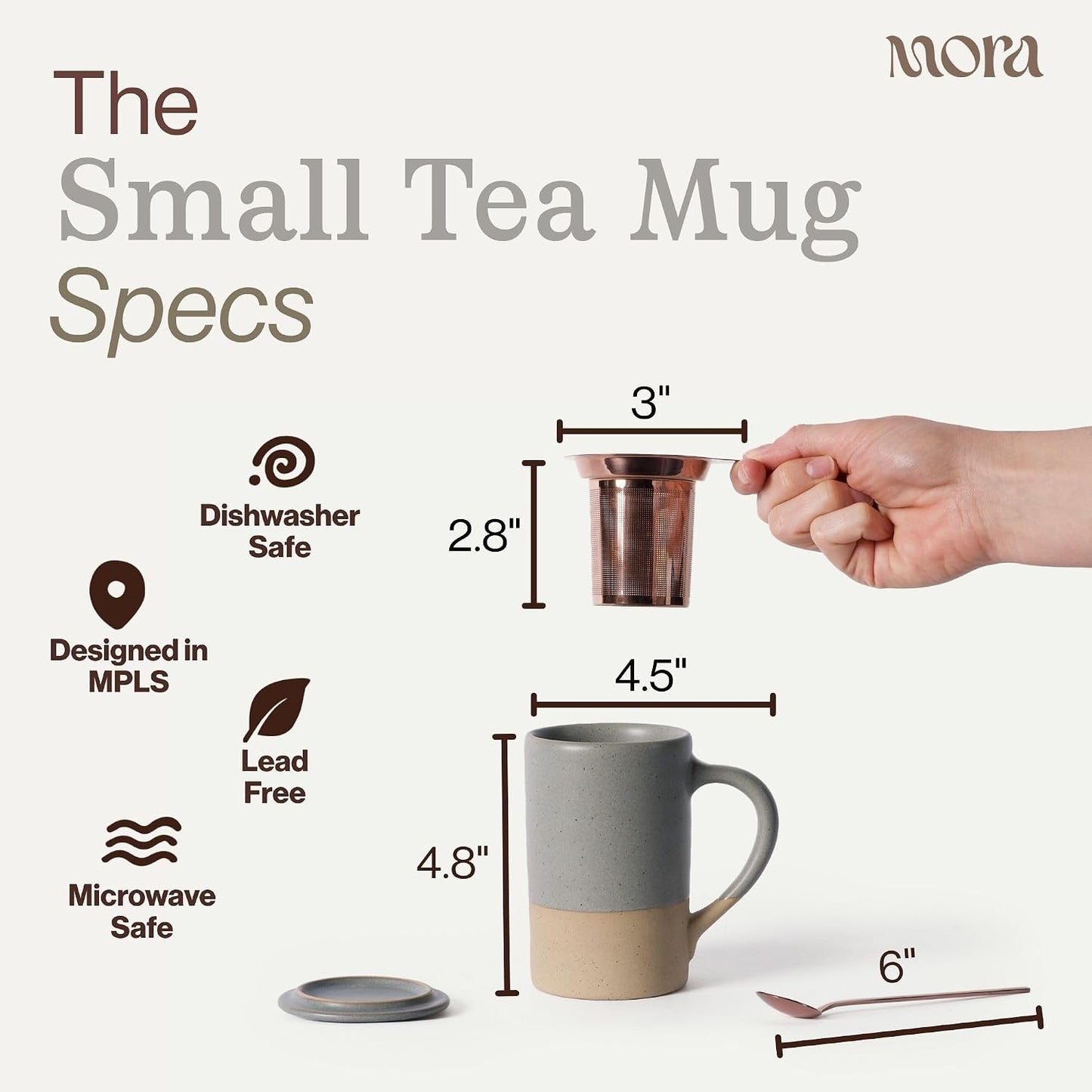 Mora Ceramics Tea Cup with Loose Leaf Infuser, Spoon and Lid, 12 oz, Microwave and Dishwasher Safe Coffee Mug - Rustic Matte Ceramic Glaze, Modern Herbal Tea Strainer - Great Gift for Women, Garnet