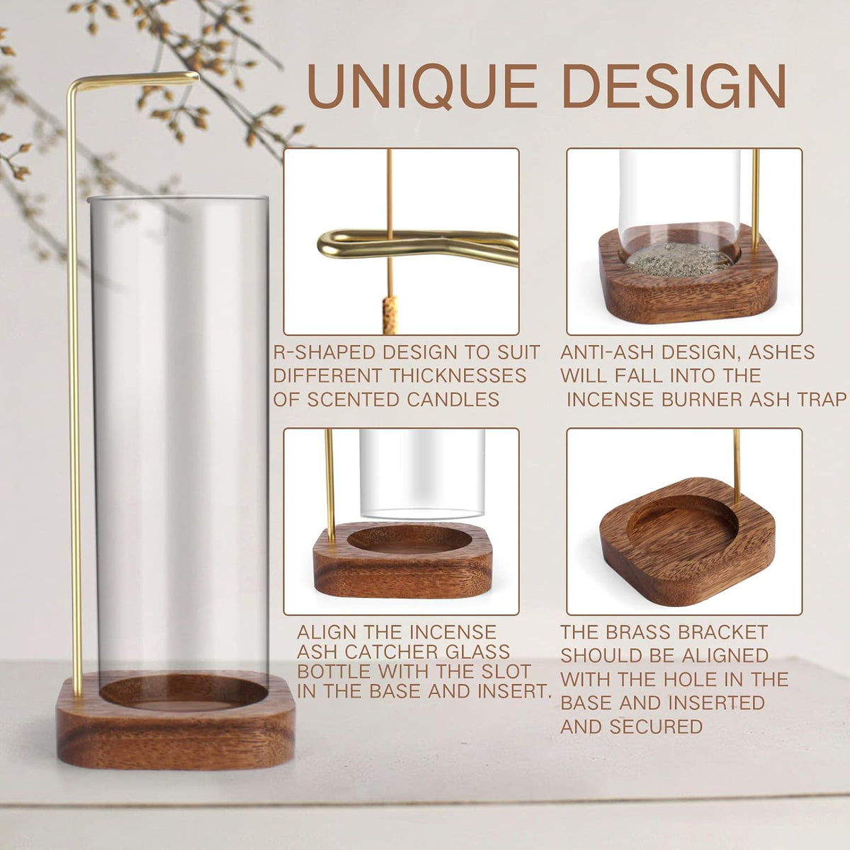 YHAOEN Incense Holder, Insence- Stick Holder [Anti-Ash Flying] with Removable Glass Ash Catcher Mess-Free Incense Burner Holder, Incense Stick Holder for Home Decor Yoga Spa, Unique Incense Burner