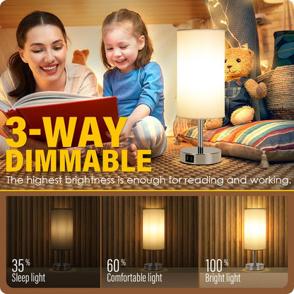 Yarra-Decor Bedside Lamps with USB Port - Touch Control Table Lamp for Bedroom Wood 3 Way Dimmable Nightstand Lamp Set of 2 with Round Flaxen Fabric Shade for Living Room, Dorm, Home Office (2 Pack)