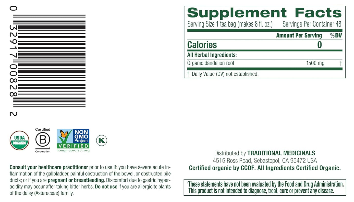 Traditional Medicinals Organic, Dandelion Leaf & Root - Dandelion Root Tea, Supports Normal Detox + Digestion - Kosher, Non-GMO, Caffeine-Free, Compostable - 96 Tea Bags (6 Packs of 16)