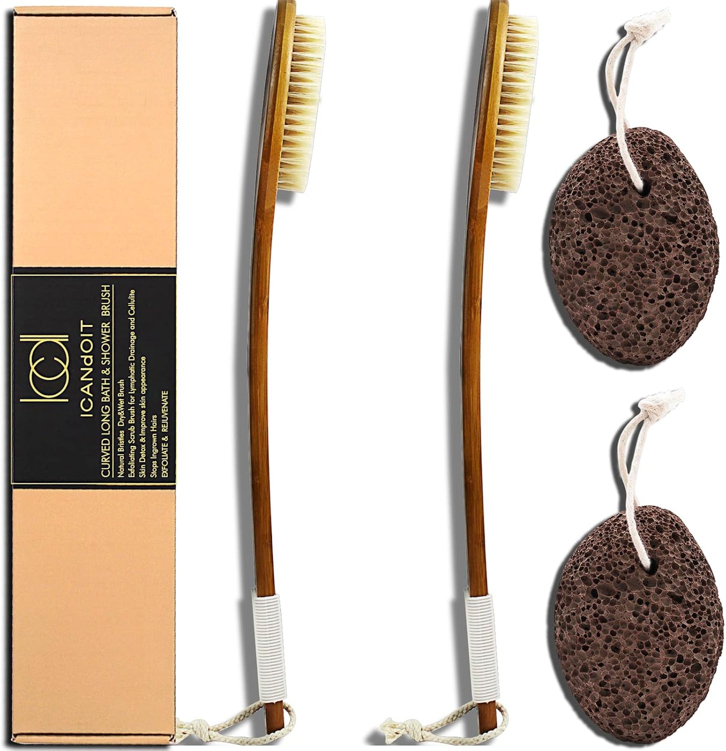 ICANdOIT-17.71Inch Natural Boar Bristles Anti-Slip Long Handle Bath Brush,Bent Handle Shower Scrubber for Exfoliating,Shower Back Brush,Exfoliation Set with Pumice Stone (1 Pack)