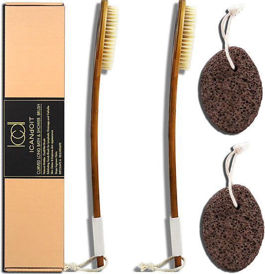 ICANdOIT-17.71Inch Natural Boar Bristles Anti-Slip Long Handle Bath Brush,Bent Handle Shower Scrubber for Exfoliating,Shower Back Brush,Exfoliation Set with Pumice Stone (1 Pack)