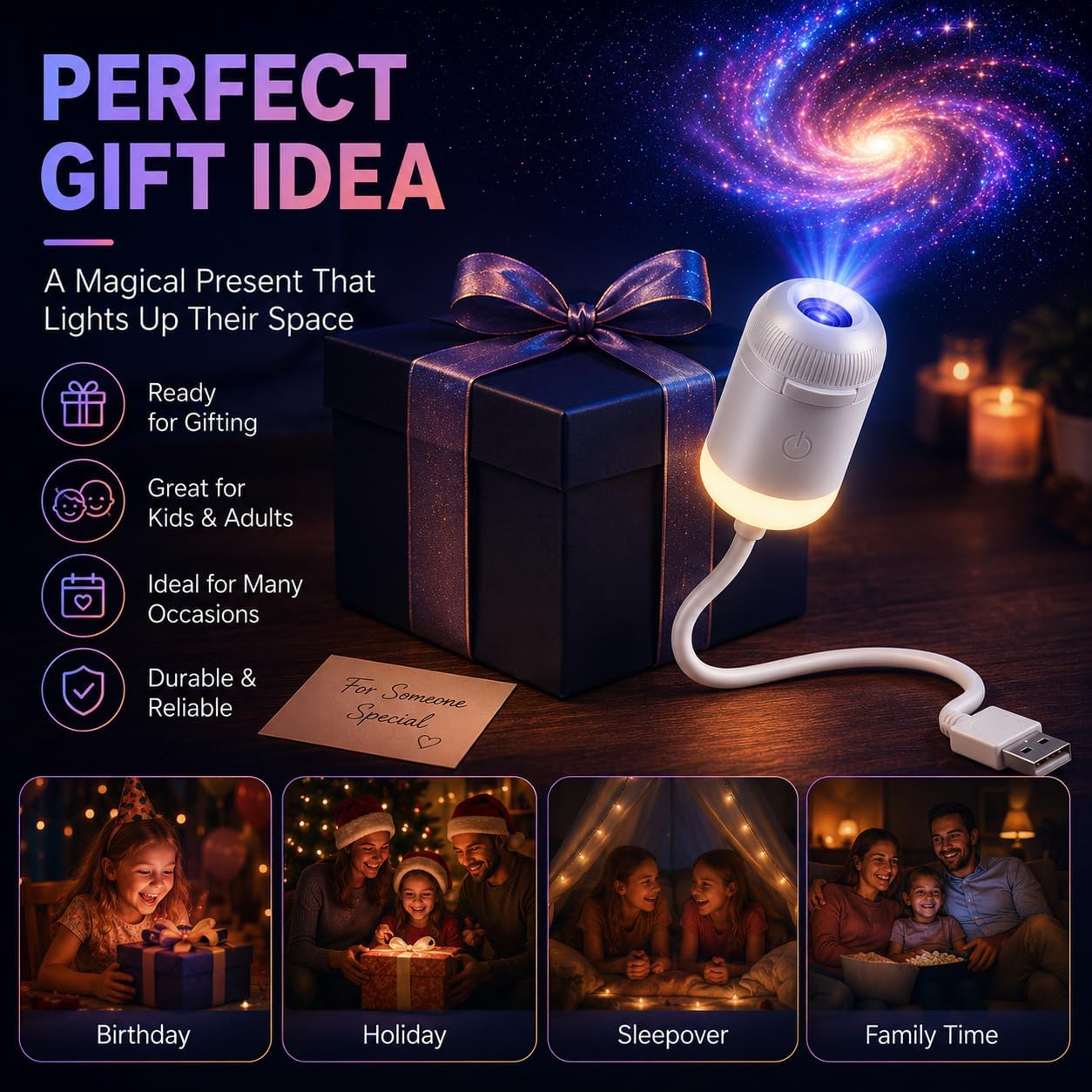 HD Smart Dynamic 5D Holographic Night Light Projector, Plug and Play Galaxy Star Projector, 360° Rotating USB Powered Ocean Wave Ceiling Light for Bedroom, Kids Room, Party Decor (24 Projection Films)