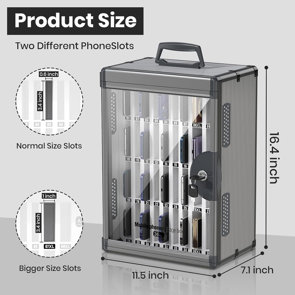 36 Slots Cell Phone Locker for Classroom, Portable Mobile Phone Storage Box with 【2 Different Size Slots】, Phone Lock Box Wall Mounted (Black)