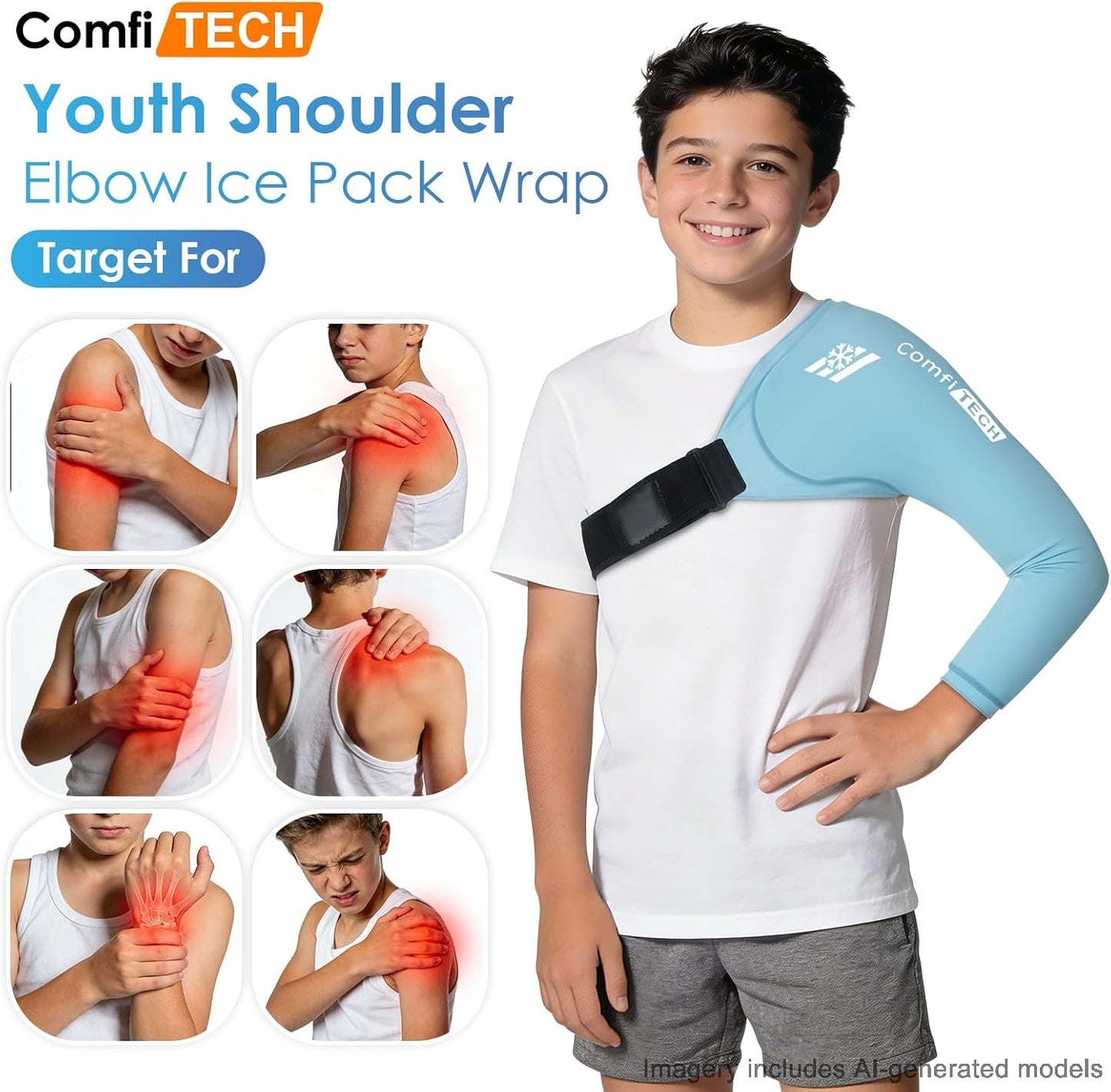 ComfiTECH Youth Shoulder Arm Ice Pack Wrap for Young Pitchers, Ice Arm Sleeve for Teen Volleyball Players, Flexible Cold Application for Throwing Recovery, Elbow Joint & Muscle Comfort, Large
