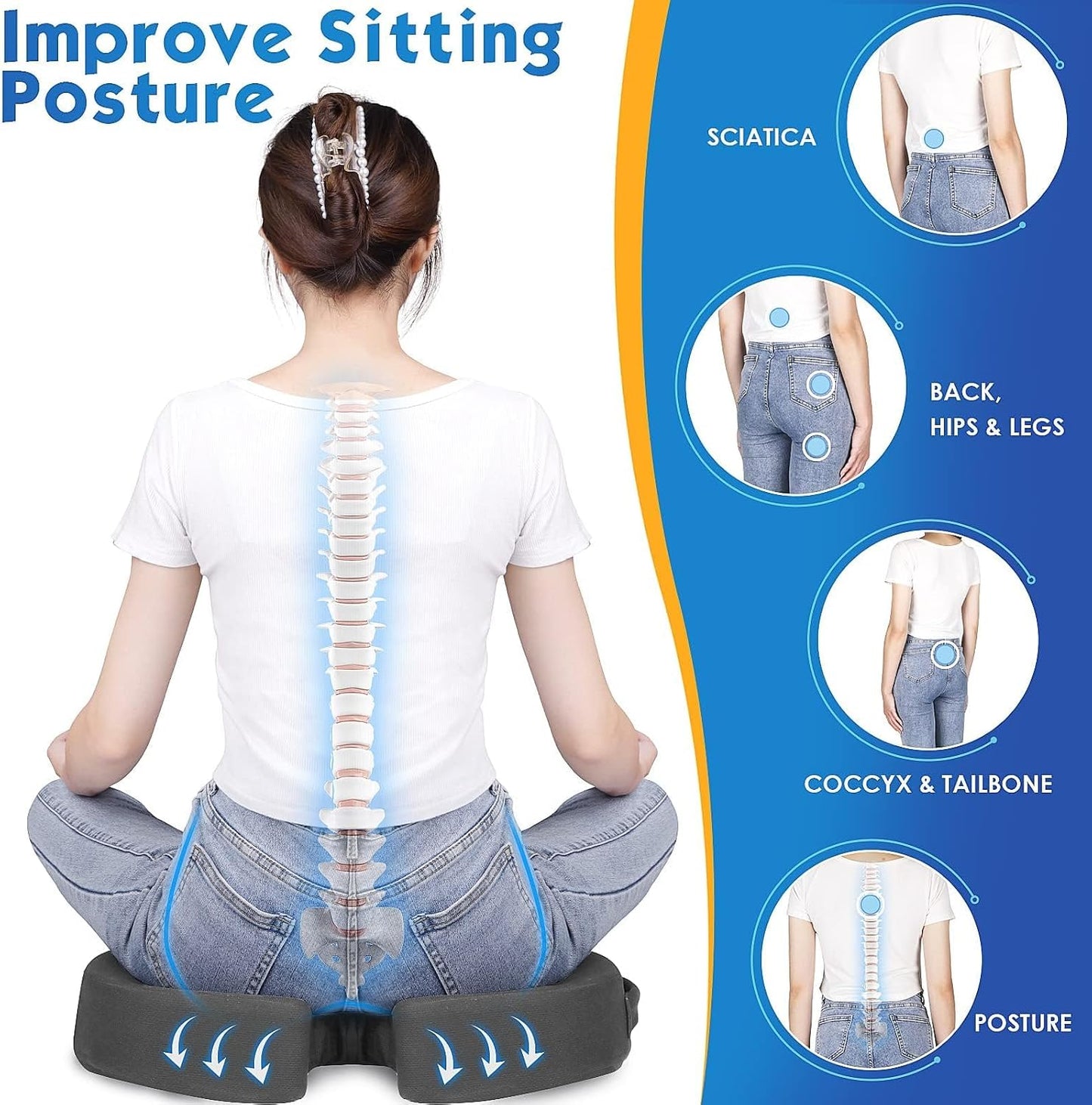 TushGuard Seat Cushion for Office Chair Memory Foam Non-Slip Desk Seat Cushion Back, Coccyx, Sciatica, Tailbone Pain Relief Butt Pillow for Office Chair, Car, Wheelchair, Black