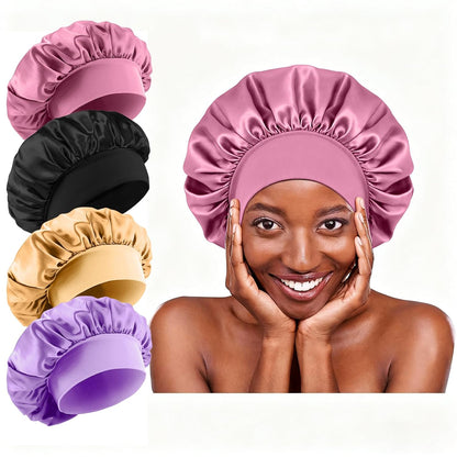 4Pcs Silk Satin Bonnets for Sleeping - Elastic Wide Band Wrap for Black Women Men,Silk Bonnets for Curly Hair,Large Hair Cap for Sleeping (Black+Wine Red+Purple+Brown)