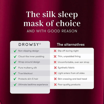 DROWSY Silk Sleep Mask - Face-Hugging, Padded Cocoon for Luxury Sleep in Total Darkness - 100% Pure Mulberry Silk (Black Jade)