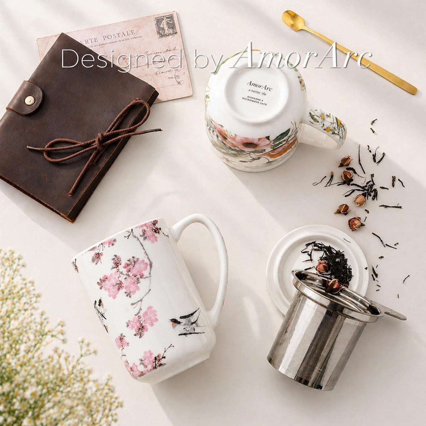 AmorArc Porcelain Tea Mug with Infuser and Lids, 18 Oz Large Cup Strainer with Bag Holder for Loose Leaf Tea, Steeping Coffee Mug for House-warming Wedding Birthday Gift