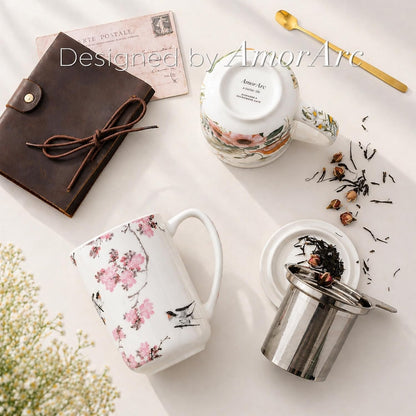 AmorArc Porcelain Tea Mug with Infuser and Lids, 18 Oz Large Cup Strainer with Bag Holder for Loose Leaf Tea, Steeping Coffee Mug for House-warming Wedding Birthday Gift