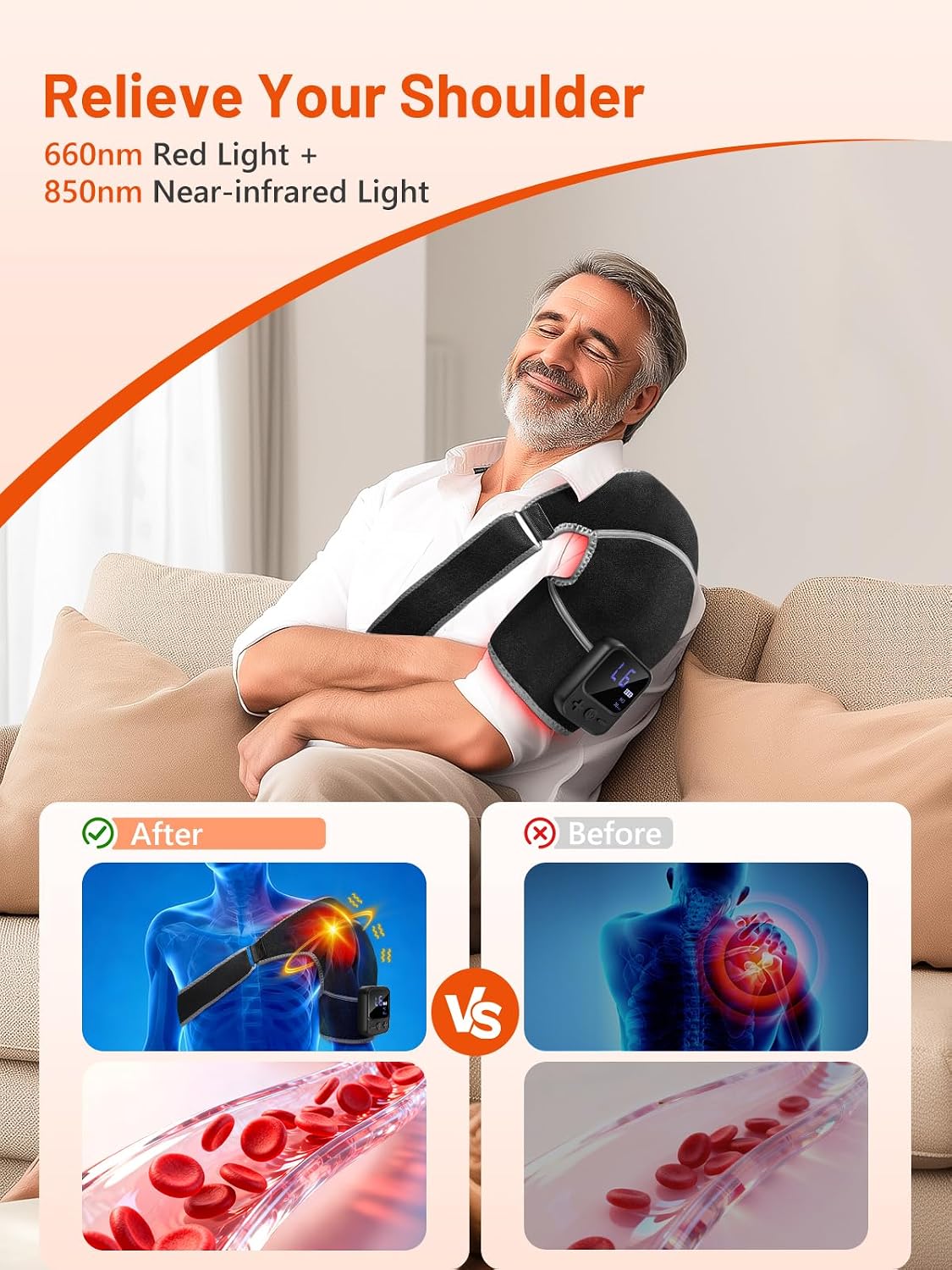Red Light Therapy for Shoulder with Heat & Massage, 6 Modes Cord-Free Controller Infrared Light with 216 Beads 660nm & 850nm Portable Heated Shoulder Pad, Last 110-240mins