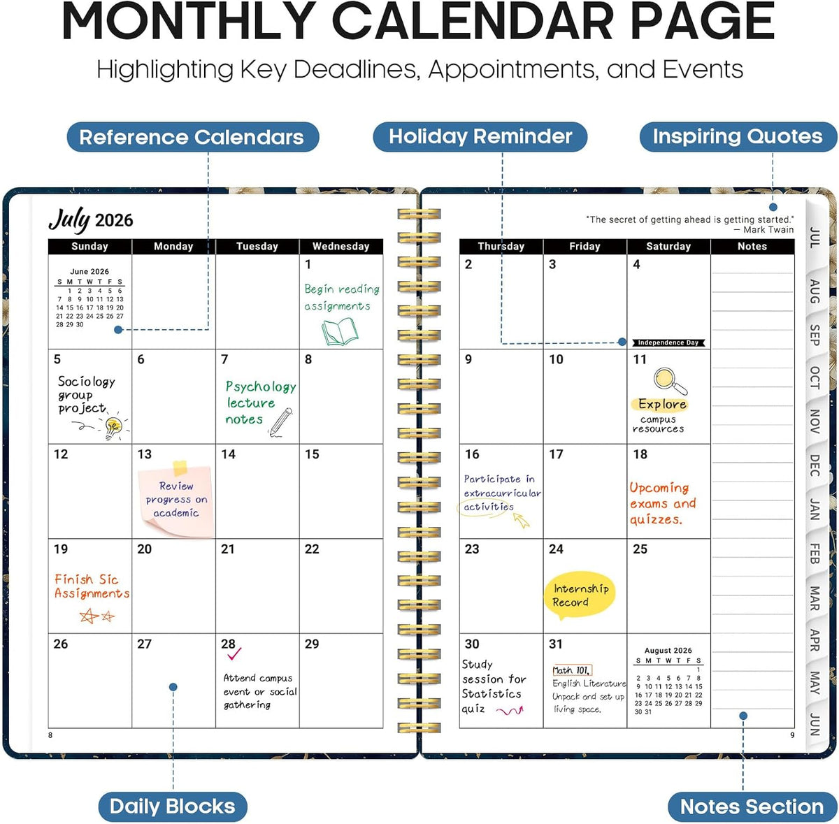 Planner 2026-2027, Jul 2026-Jun 2027 Academic Monthly & Weekly Planner - Colors B