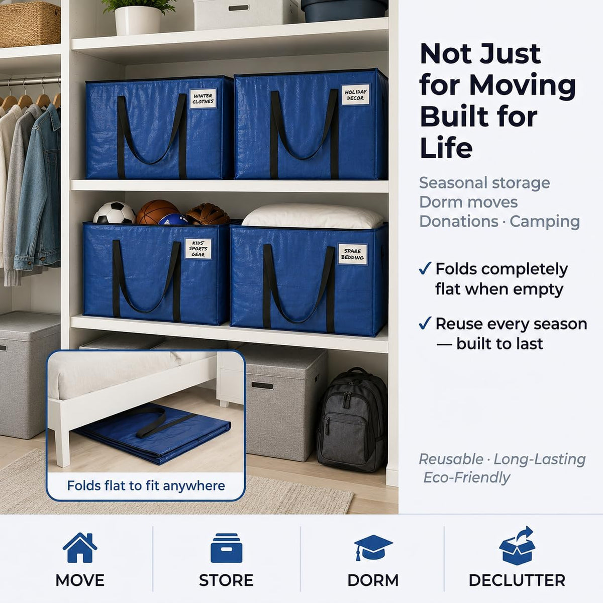 ClearSpace Heavy Duty Moving Bags - Water Resistant Storage Bags with Backpack Straps, Zippers and Handles - Large Moving Boxes for College Dorm, Travel, Closet Organization -, Clear