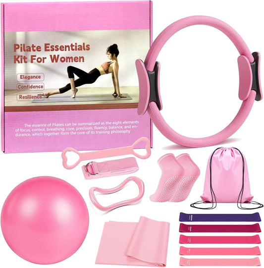 Pilates Ring 13 Piece Set,Pilates Kit for Women Exercise Equipment Accessories Deformation Magic Circle with Padded Handles, Workouts Ball, Guide & Bag, Resistance Bands for Legs Arms and Thighs