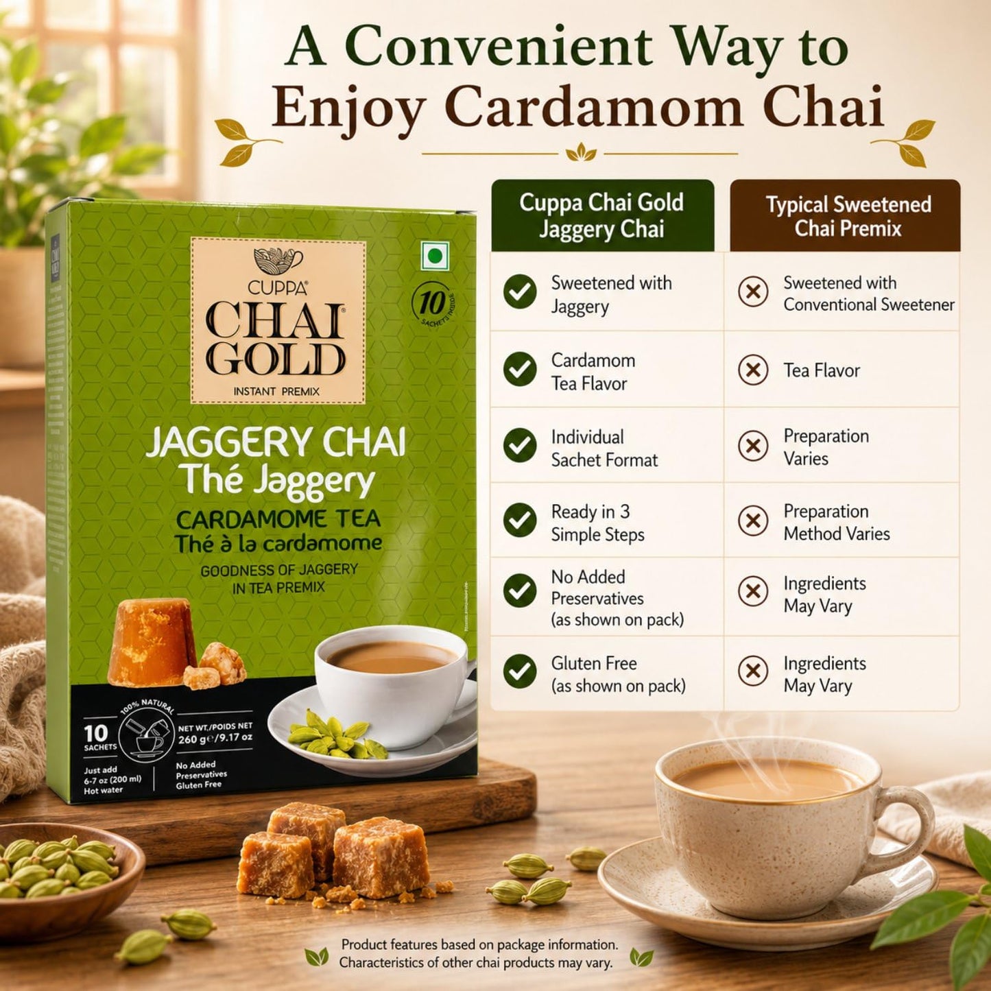 Chai Gold Instant Jaggery Chai Tea Premix Powder, Traditional Indian Milk Tea Latte Mix, Naturally Sweetened with Jaggery, Quick Preparation Hot Beverage, Low Caffeine, 10 count pack