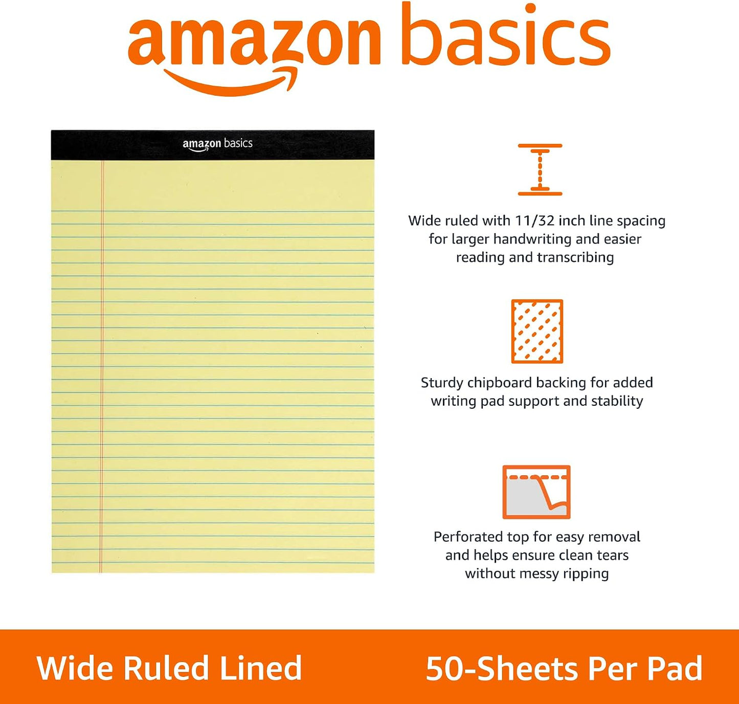 Amazon Basics Wide Ruled Lined Writing Note Pads for Office Supplies, 8.5" x 11.75", White, 12-Pack of 50 Perforated Sheets