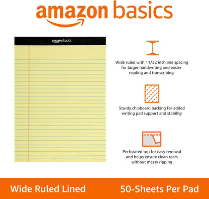 Amazon Basics Wide Ruled Lined Writing Note Pads for Office Supplies, 8.5" x 11.75", White, 12-Pack of 50 Perforated Sheets