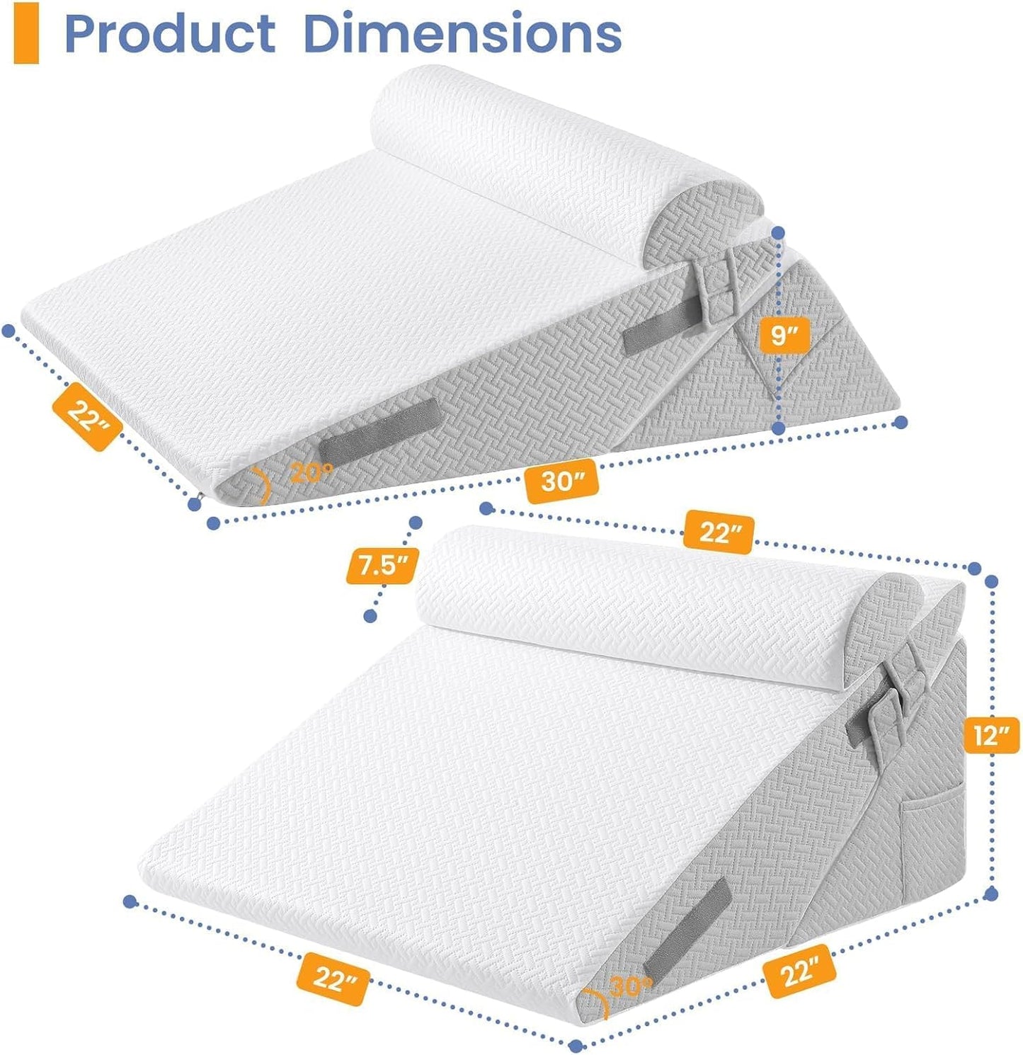 Sasttie Wedge Pillow Set for After Surgery, 2PCS Adjustable Bed Wedge Pillow Headboard with Memory Foam Neck Cushion – for Acid Reflux, Sleeping, Neck & Back Support, Dark Grey & White