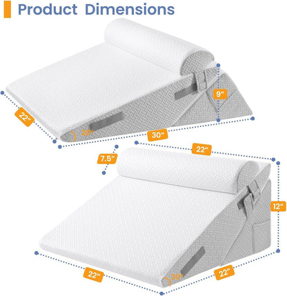 Sasttie Wedge Pillow Set for After Surgery, 2PCS Adjustable Bed Wedge Pillow Headboard with Memory Foam Neck Cushion – for Acid Reflux, Sleeping, Neck & Back Support, Dark Grey & White