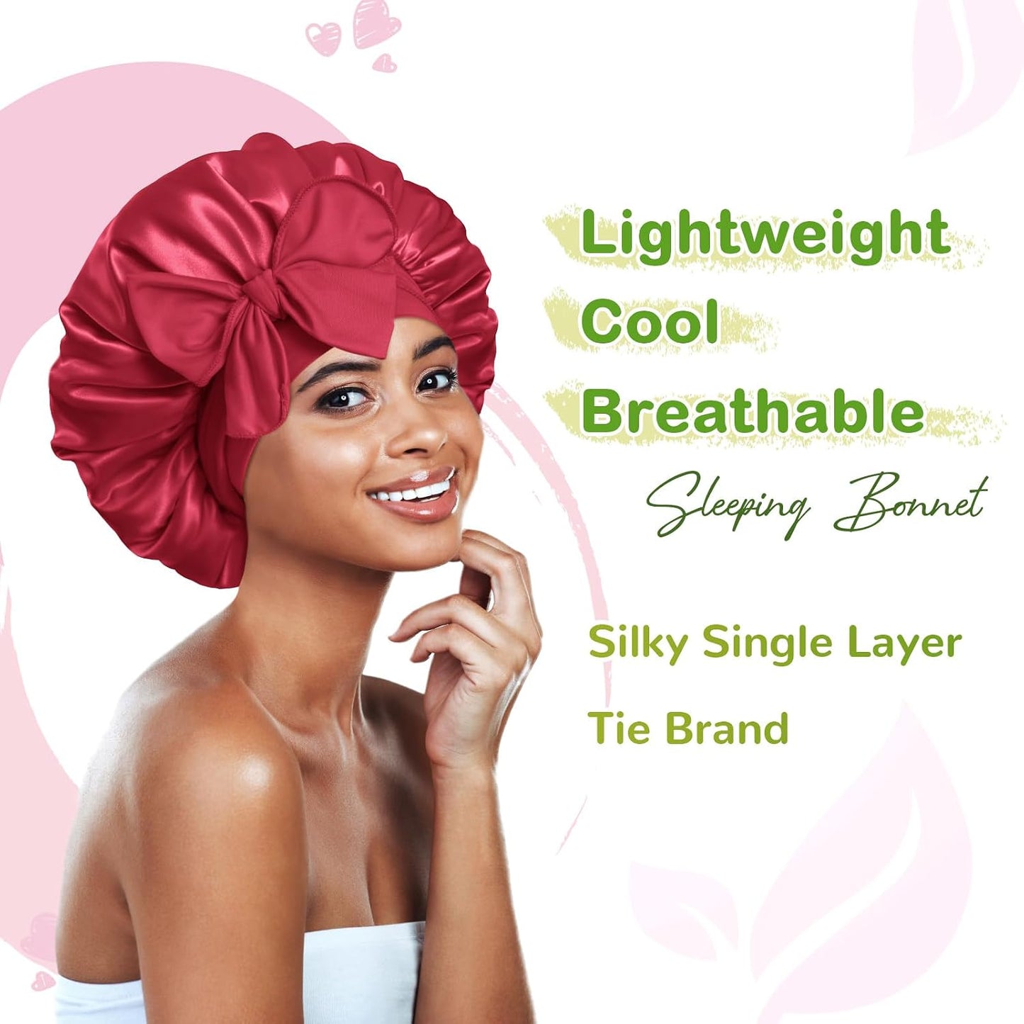 BONNET QUEEN Silk Bonnet for Sleeping for Women Satin Bonnet Night Cap for Curly Hair with Tie Band, Single Layer, Cream Pink