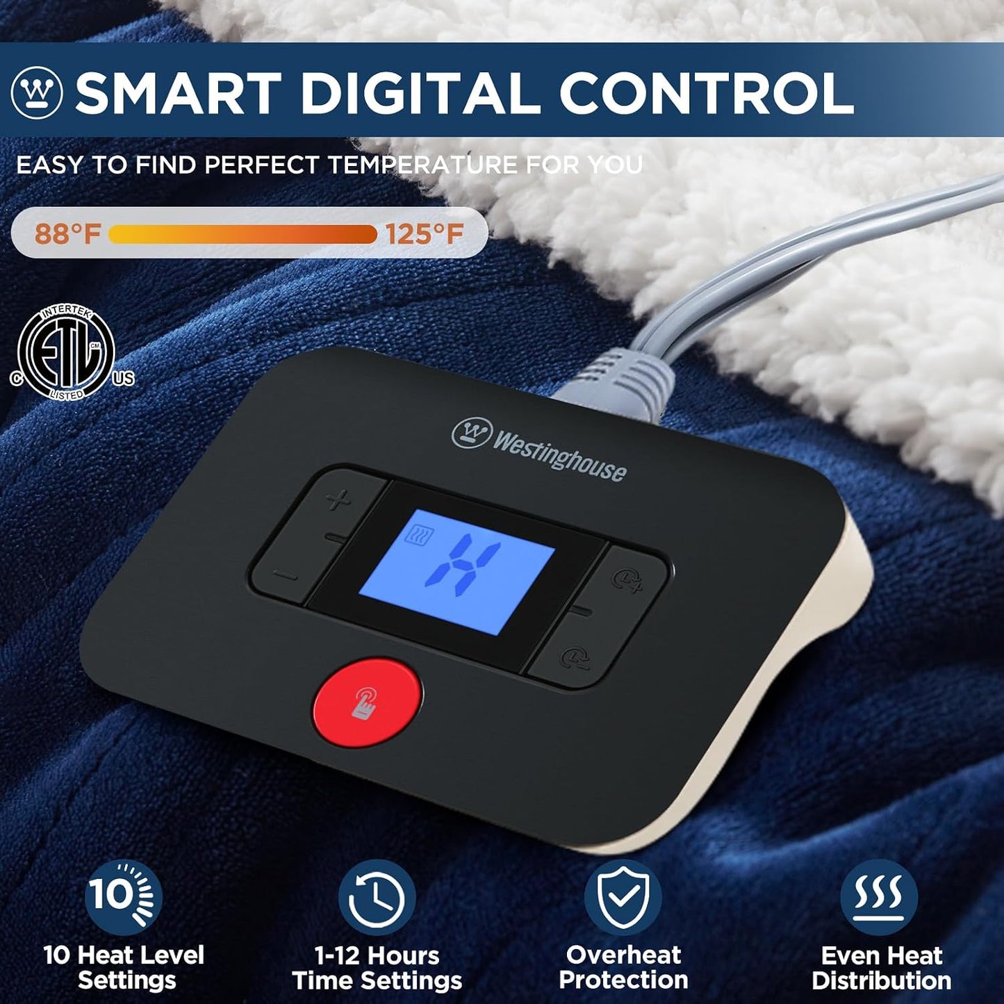 Westinghouse Heated Throw Blanket, Electric Blanket Throw with 6 Heating Levels and 2-10 Hours Time Settings, Flannel to Sherpa Super Cozy Heated Blanket Machine Washable, 50x60 inch, Charcoal
