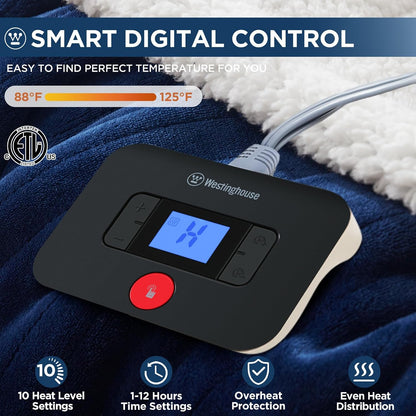 Westinghouse Heated Throw Blanket, Electric Blanket Throw with 6 Heating Levels and 2-10 Hours Time Settings, Flannel to Sherpa Super Cozy Heated Blanket Machine Washable, 50x60 inch, Charcoal