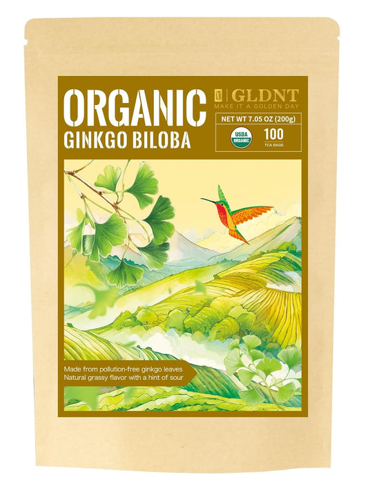GLDNT Organic Ginkgo Biloba Tea, Mild & Smooth Flavor, Caffeine Free, 100ct