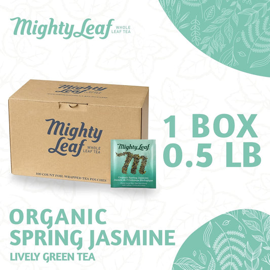 Mighty Leaf Spring Jasmine Green Tea - Premium - Foil Wrapped for Freshn - 100 Count Tea Pouches - Premium Green Tea with Rich Flavor - Individually Wrapped Tea Bags