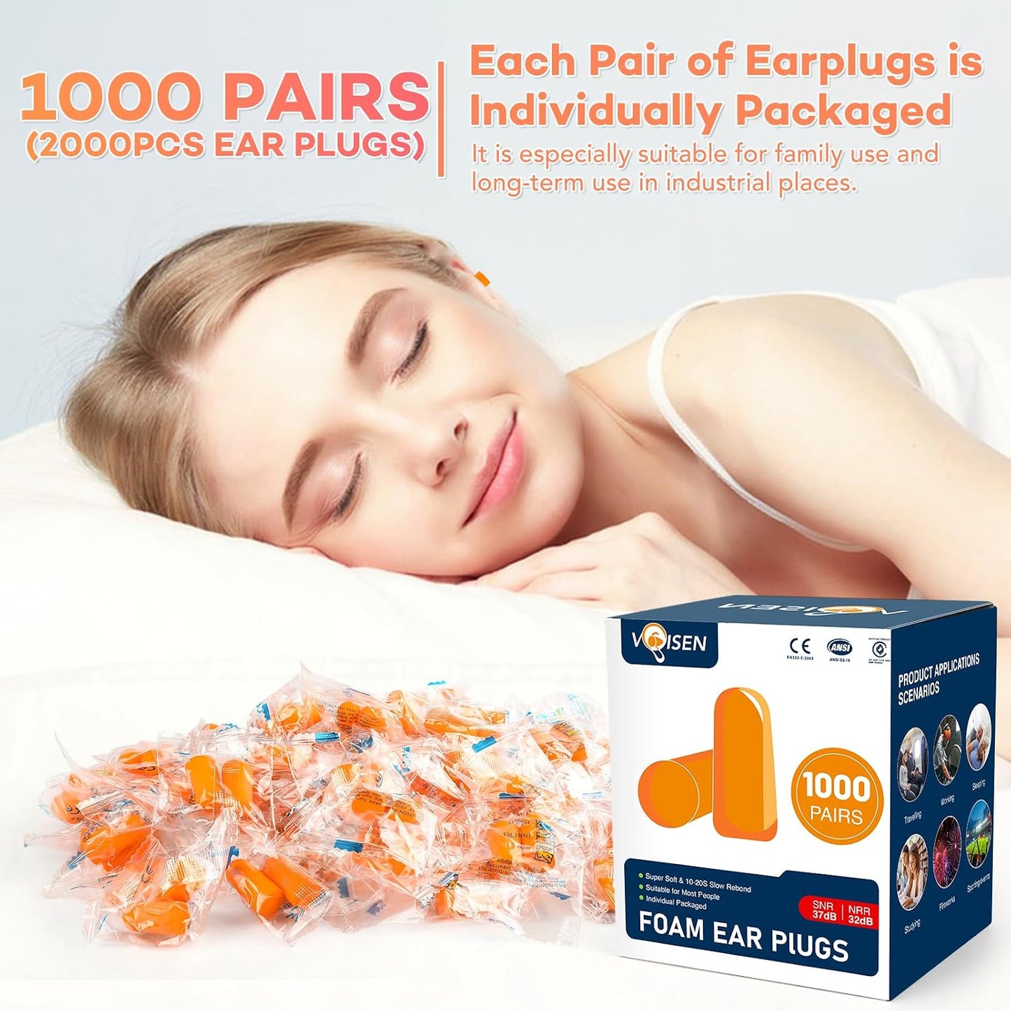 VOISEN Ear Plug,500 Pairs Ear Plugs for Sleeping,32dB NRR 37dB SNR Ear Plugs Noise Cancelling for Snoring, Studying, Loud Events, Traveling & Concerts, Individual Package